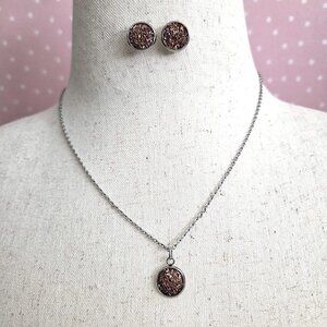 Silver Tone Pink Druzy Jewelry Set